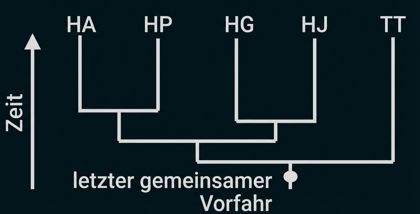 Phylogenetischer Stammbaum mit HA, HP, HG, HJ und TT, Zeitachse links und Markierung „letzter gemeinsamer Vorfahr“